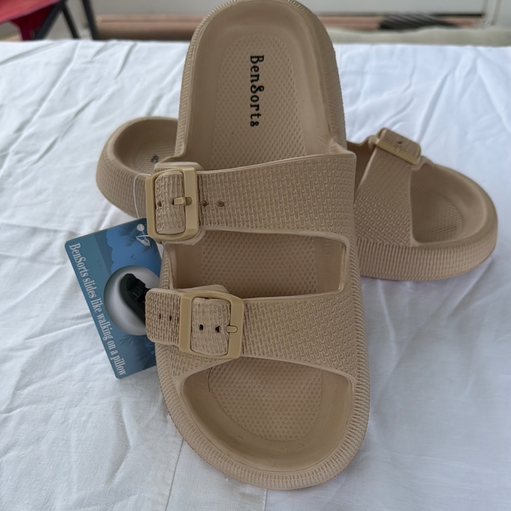 Beige Double Buckle Slide Sandals
